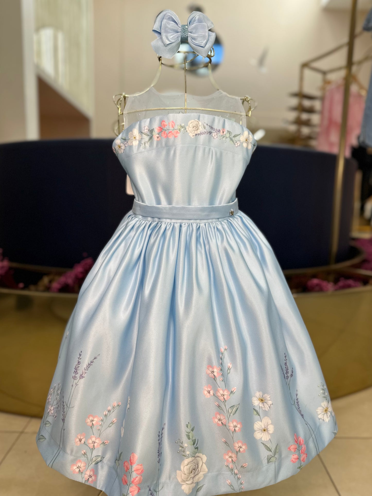 Vestido Infantil Festa Tule Azul Flores - Petit Cherie