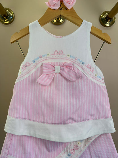Conjunto Infantil Blusa Laço Pérolas e Shorts Saia Rosa Listrado - Petit Cherie