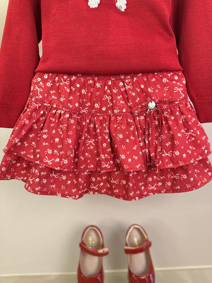 Conjunto Infantil Blusa Tricot Laço Bordado Pérolas E Cristais Bala de Cereja e Saia-shorts Mini Flores Babados e Laços