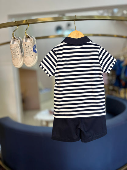 Conjunto Infantil Polo Listras e Bermuda Sarja Marinho - Um Mais Um