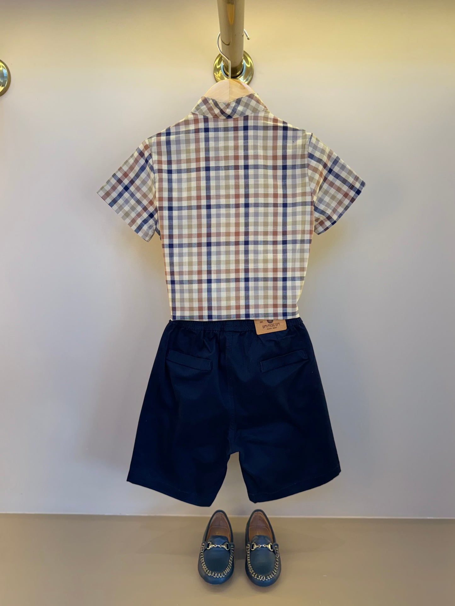Conjunto Infantil Camisa Gola Padre Xadrez Fio Tinto e Bermuda Sarja Marinho - Um Mais Um