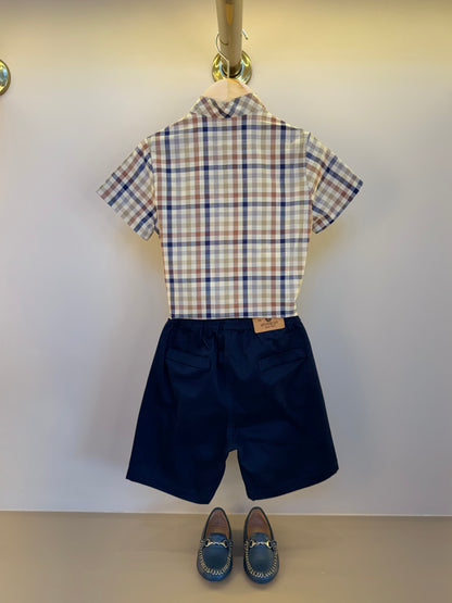 Conjunto Infantil Camisa Gola Padre Xadrez Fio Tinto e Bermuda Sarja Marinho - Um Mais Um