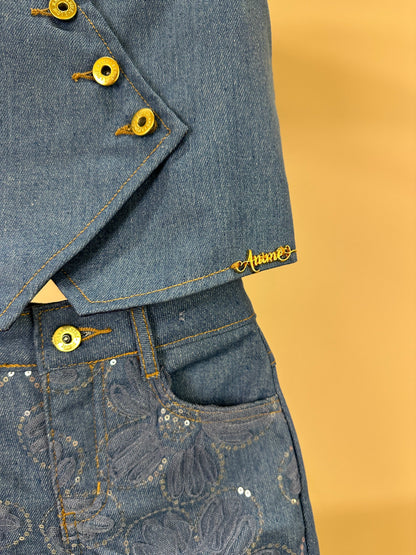 Conjunto Infantil Colete e Calça Jeans Bordada Tule Flores - Animê