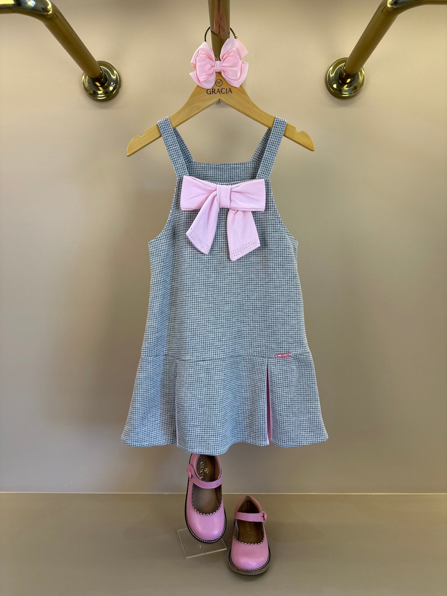 Salopete Infantil Pied Poule Laço com Camisa Gola Babadinho Branca  - Gabriela Aquarela