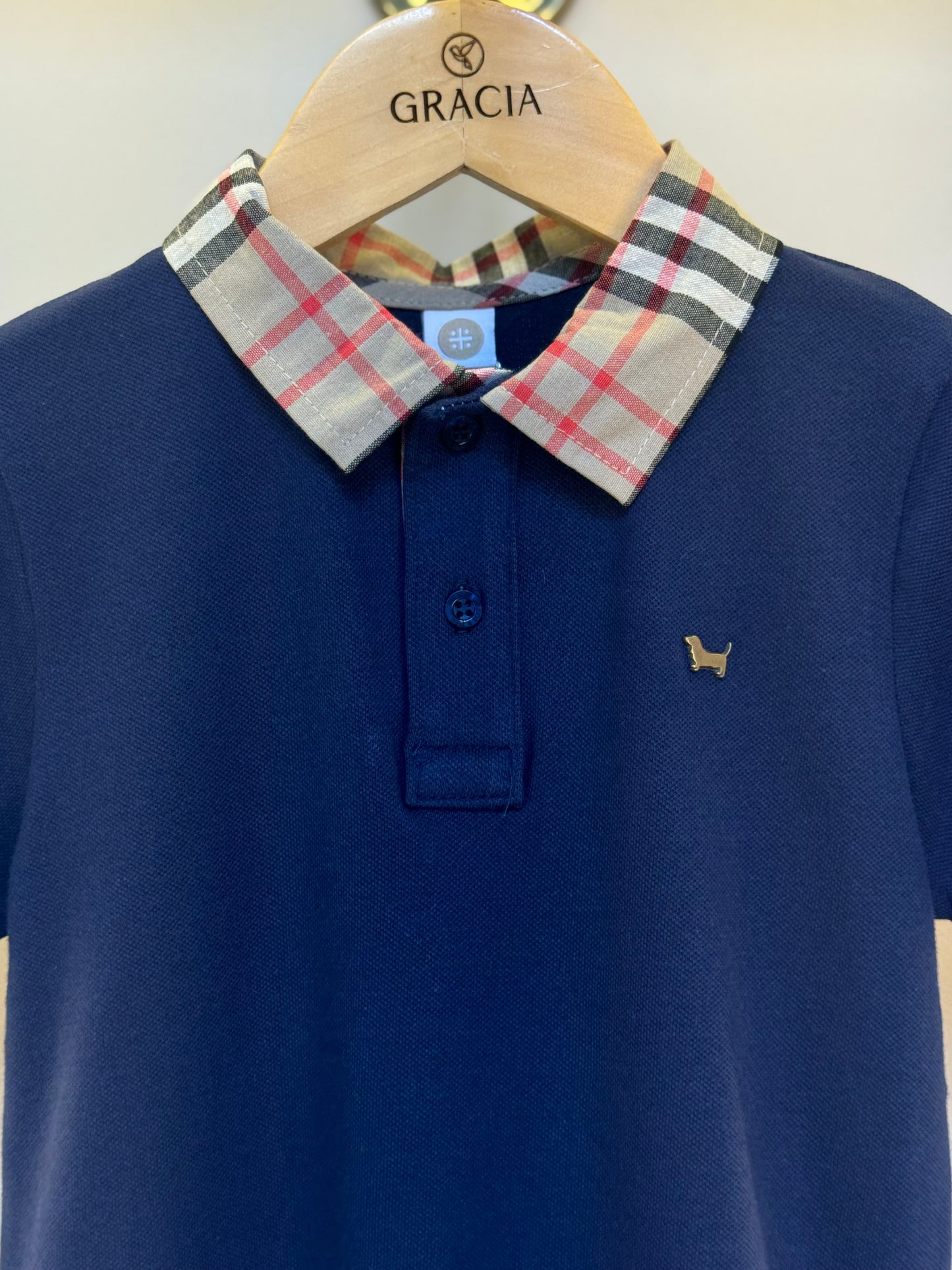 Polo Infantil Piquet Gola Tricoline Xadrez Marinho - Um Mais Um