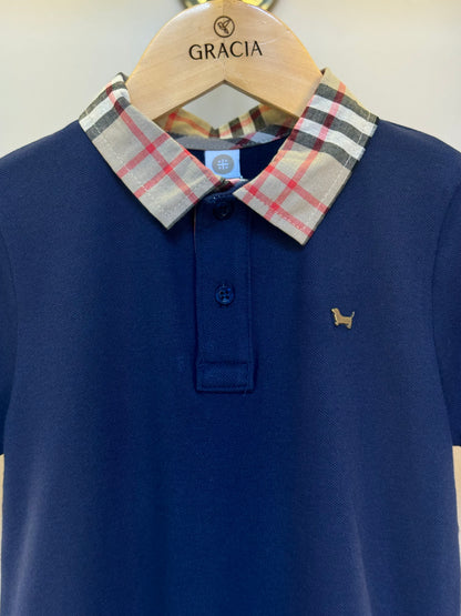 Polo Infantil Piquet Gola Tricoline Xadrez Marinho - Um Mais Um