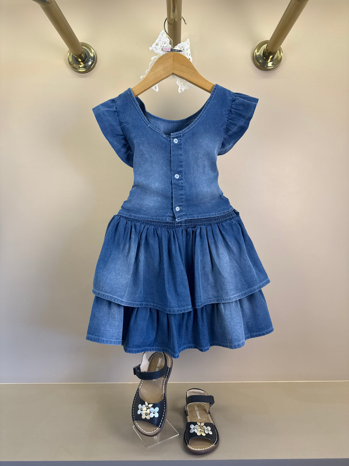 Conjunto Infantil Blusa Jeans Strass e Saia Laços Laterais Bordado Com Pérolas - Gabriela Aquarela