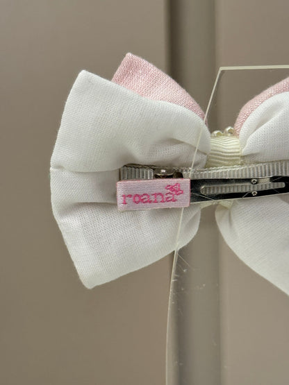 Laço Infantil Puffer Duplo Branco e Rosa Bordado Miolo Pérolas - Roana