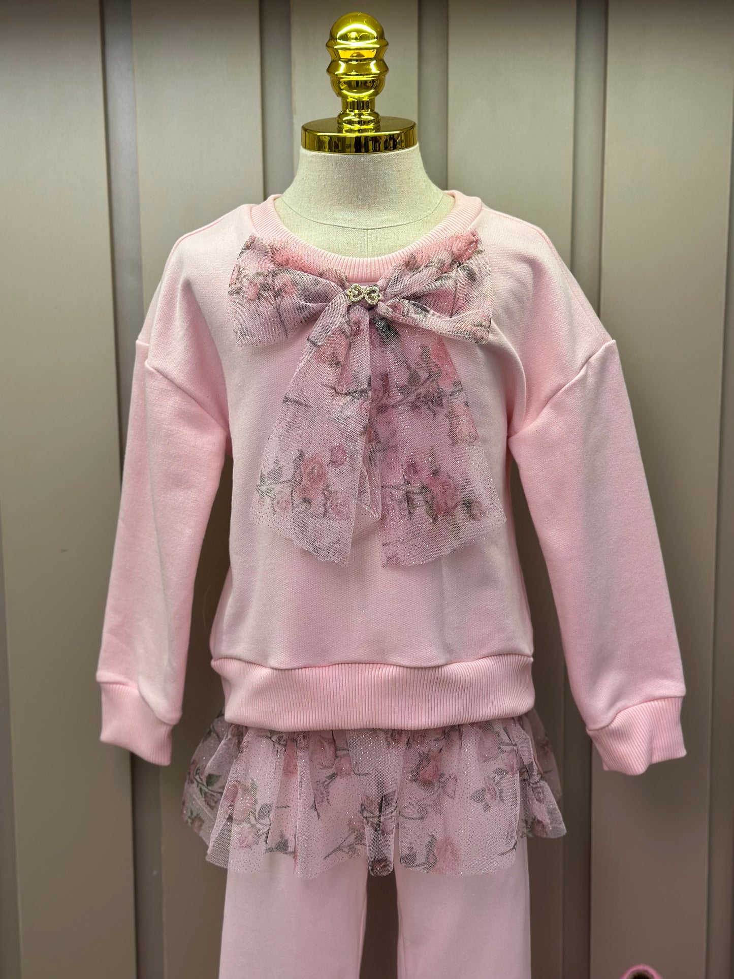 Conjunto Infantil Blusa Moletom Babado Tule Floral Glitter e Calça Legging Cotton Rosa - Luluzinha