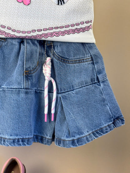Conjunto Infantil Blusa Hello Kitty Bordado e Saia Jeans Pregas Com Pingente - Momi
