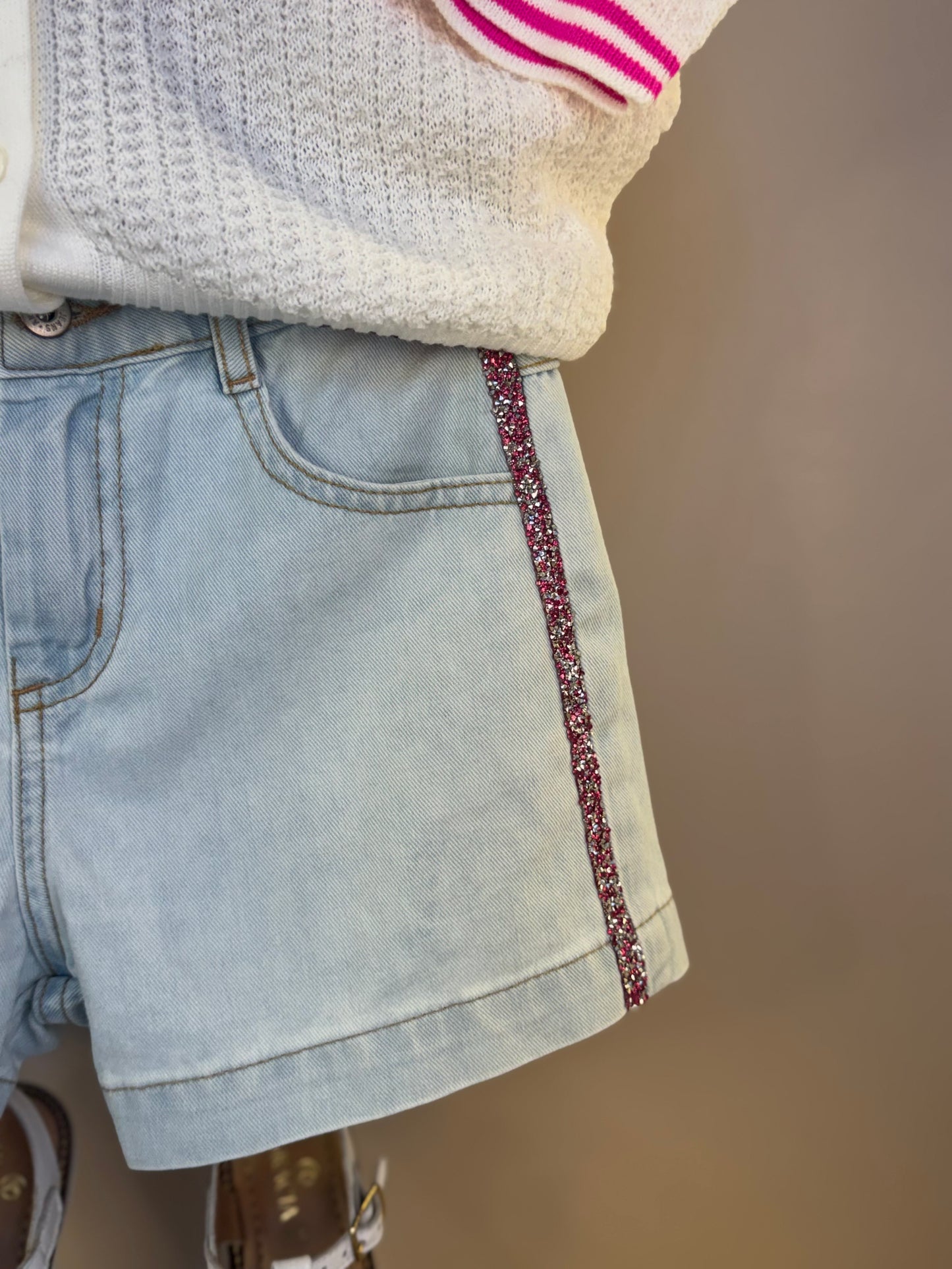 Conjunto Infantil Blusa Tricot Minnie Tennista e Shorts Jeans Strass Rosa - Animê
