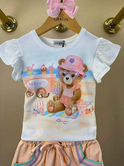 Conjunto Infantil Blusa Ursinha Com Strass e Shorts Moletom - Infanti