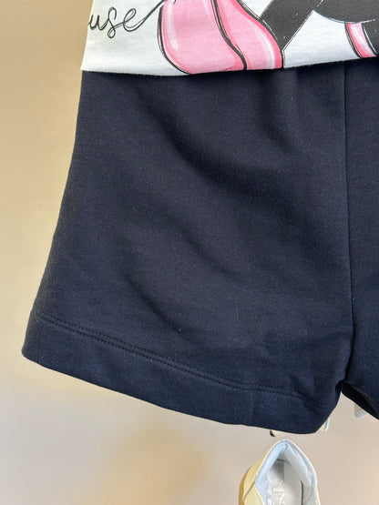 Conjunto Infantil T-Shirt Minnie Mouse Pingente e Shorts Saia Preto Laço Poá - Animê