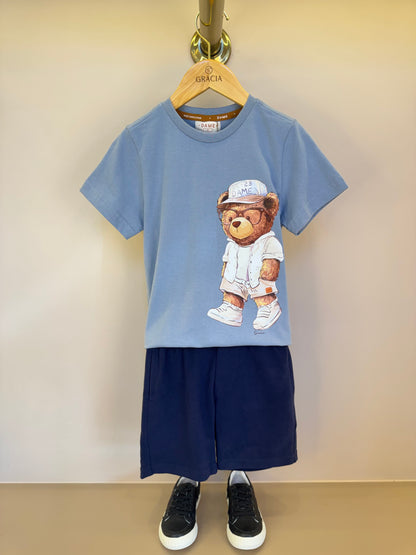 Conjunto Infantil Camiseta Teddy Sumer Delavê e Bermuda Moletom Elastano Elástico Listrado - Dame