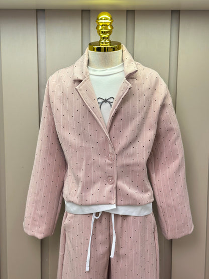 Conjunto Infantil Trio Blusa Lacinho, Casaqueto e Calça Alfaiataria Listrada Strass Rosé - Petit Cherie