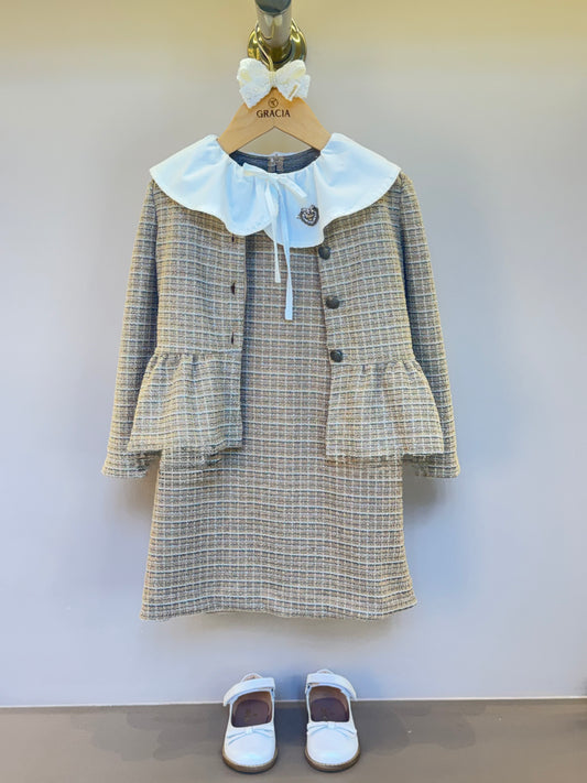 Vestido Infantil no Tweed com Casaco Tweed Bege - Animê