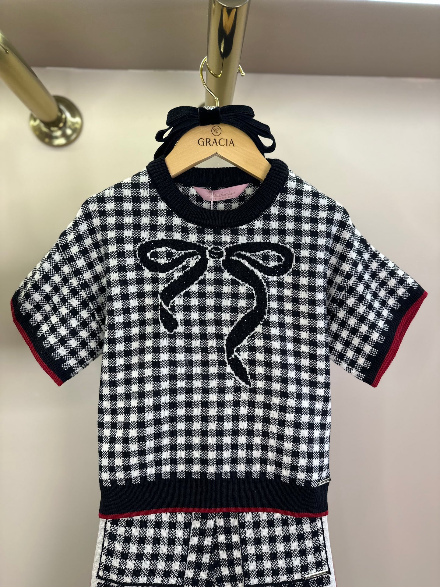 Conjunto Infantil Blusa e Calça Jogging Tricot Xadrez Laço Strass - Pituchinhus