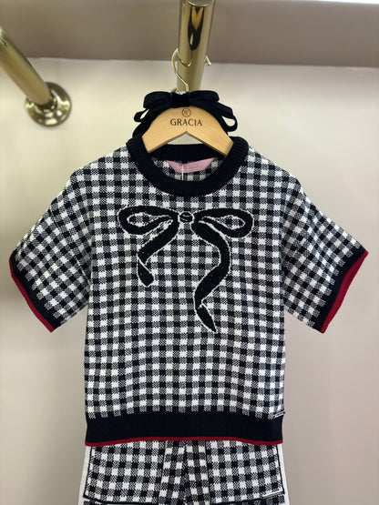 Conjunto Infantil Blusa e Calça Jogging Tricot Xadrez Laço Strass - Pituchinhus