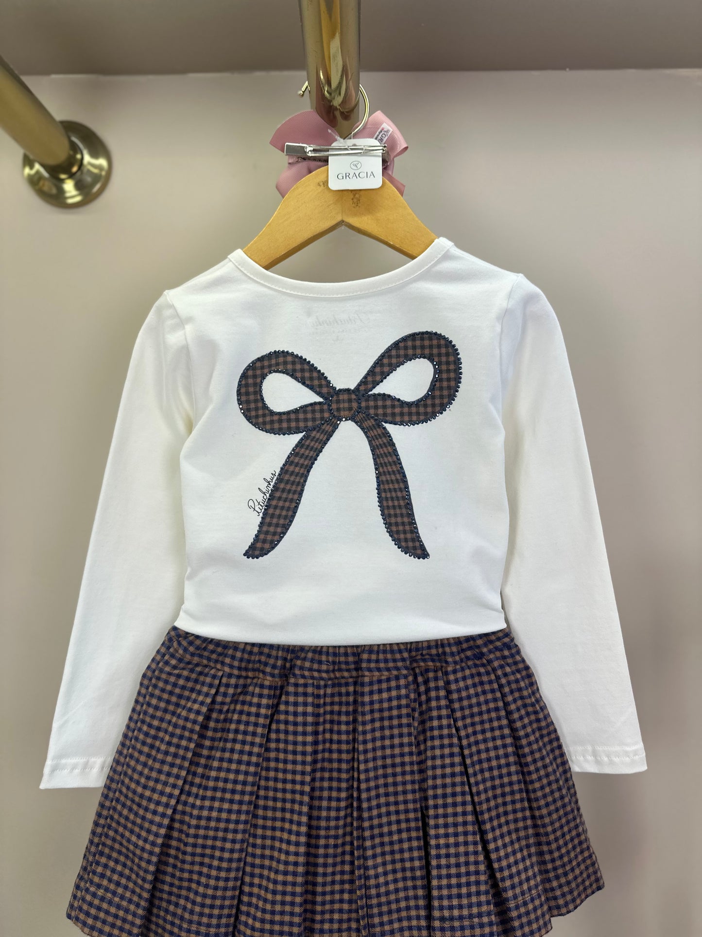 Conjunto Infantil Blusa Cotton Laços e Saia Xadrez com Pregas - Pituchinhus