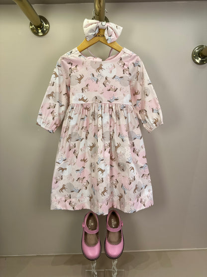 Vestido Infantil Algodão Estampa Cavalinhos e Poá Bolsos Rosa - Pituchinchus