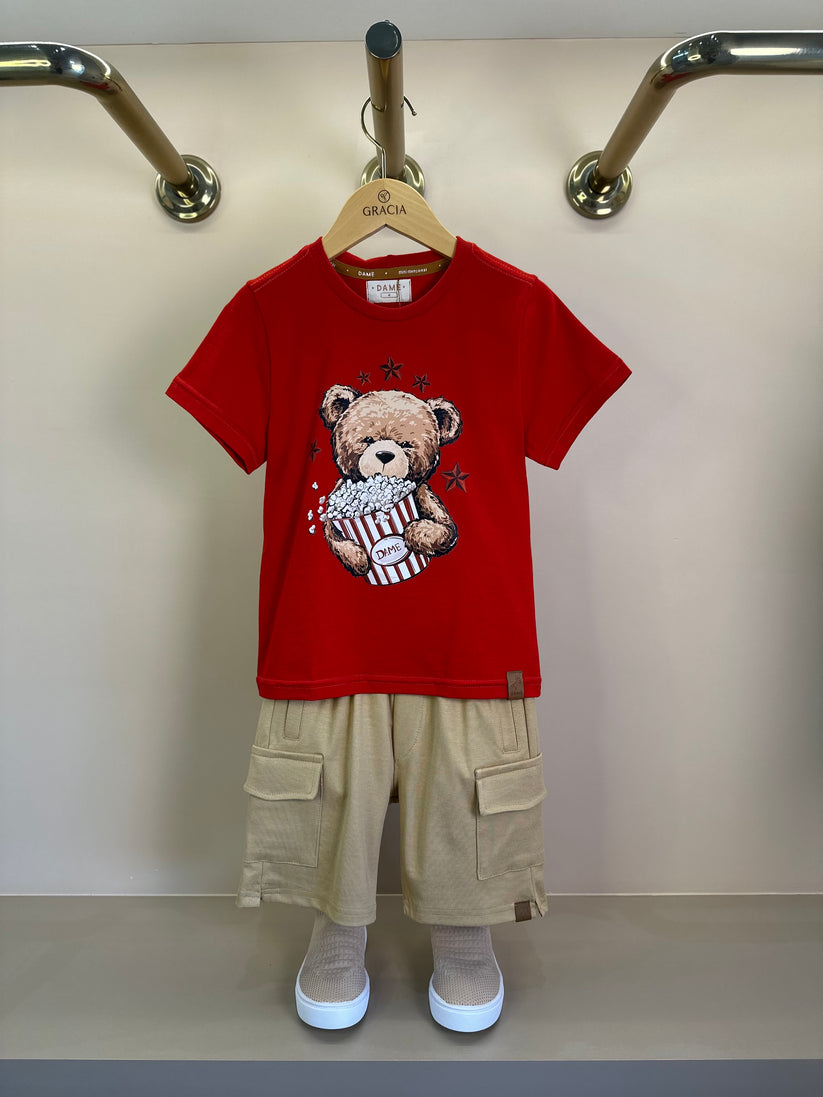 Camiseta Infantil Algodão Teddy Pipoca Vermelha - Dame