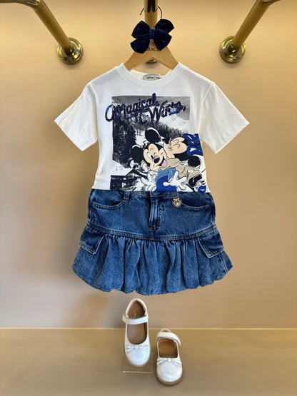 Conjunto Infantil Blusa Minnie & Mickey Lantejoulas e Saia Jeans Balonê Mini-Joia - Animê