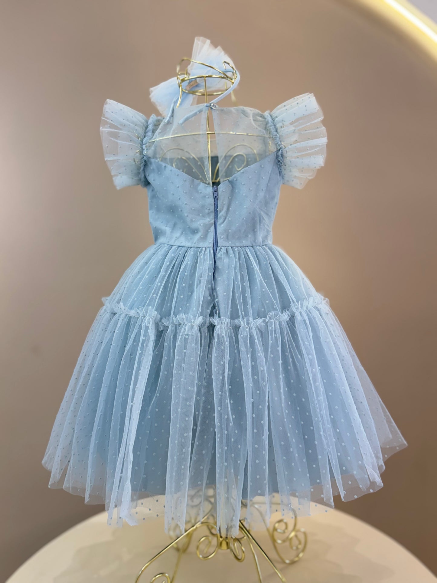 Vestido Infantil Festa Tule Flocado Azul Céu - Petit Cherie