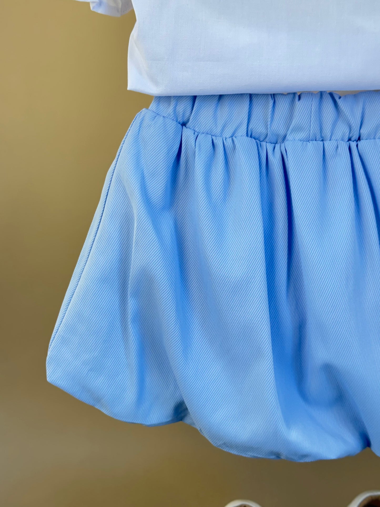 Conjunto Infantil Blusa MC com Coração Off White e Saia Bubble Azul Cristal - Gabriela Aquarela