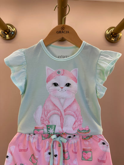 Pijama Infantil Blusa Gatinha Skin Care e Shorts Gatinha Rosa - Infanti