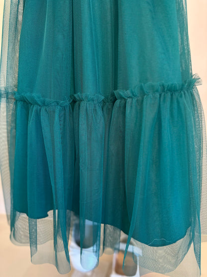 Vestido Infantil Trapézio Tule Bordado Paetê e Laço Verde - Petit Cherie
