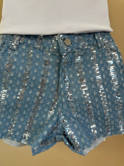 Conjunto Infantil Regata e Shorts Jeans com Paetês - Petit Cherie