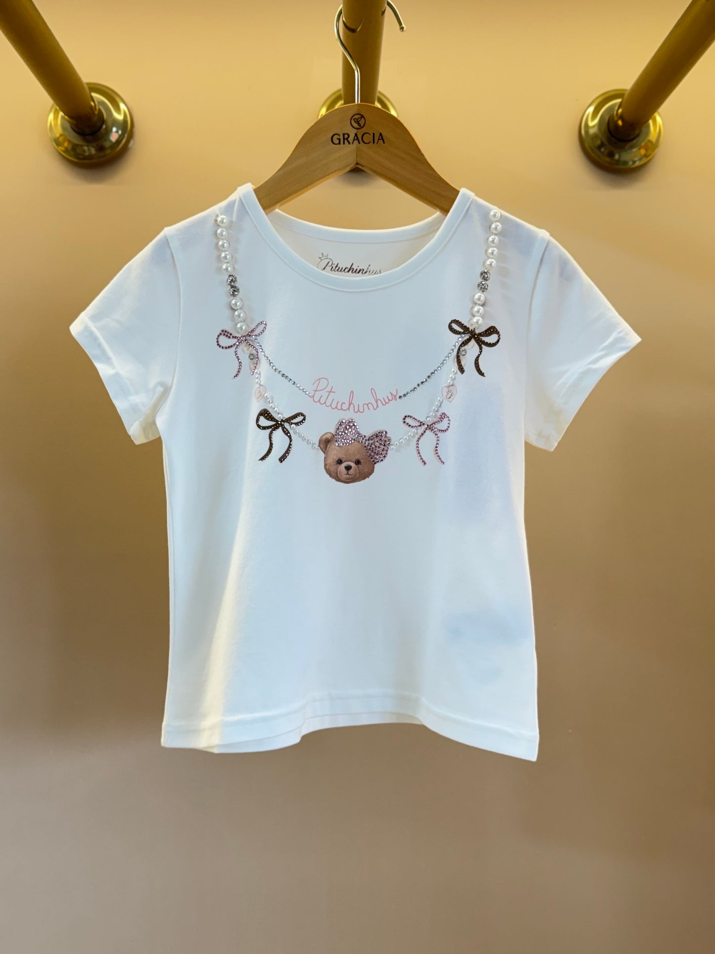 Blusa Infantil Algodão Cotton Ursinha Colar Bordado Off White - Pituchinhus