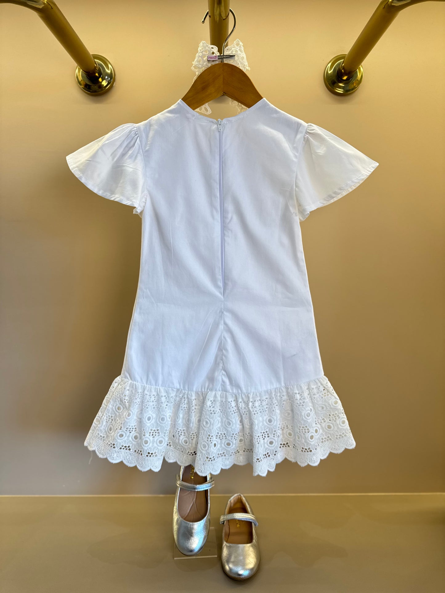 Vestido Infantil Algodão Laço Bordado Manual Babado Barrado Laise Branco - Luluzinha