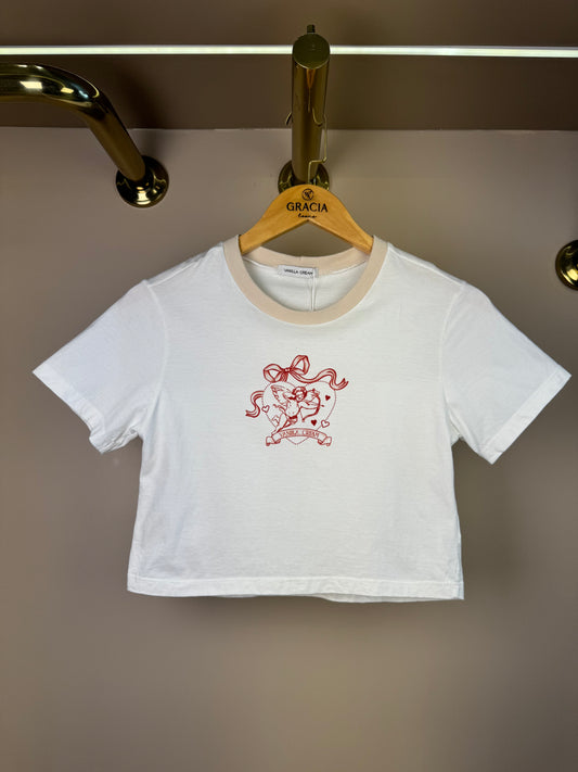 Blusa Teen T-Shirt Off White Detalhes Vermelho - Vanilla Cream