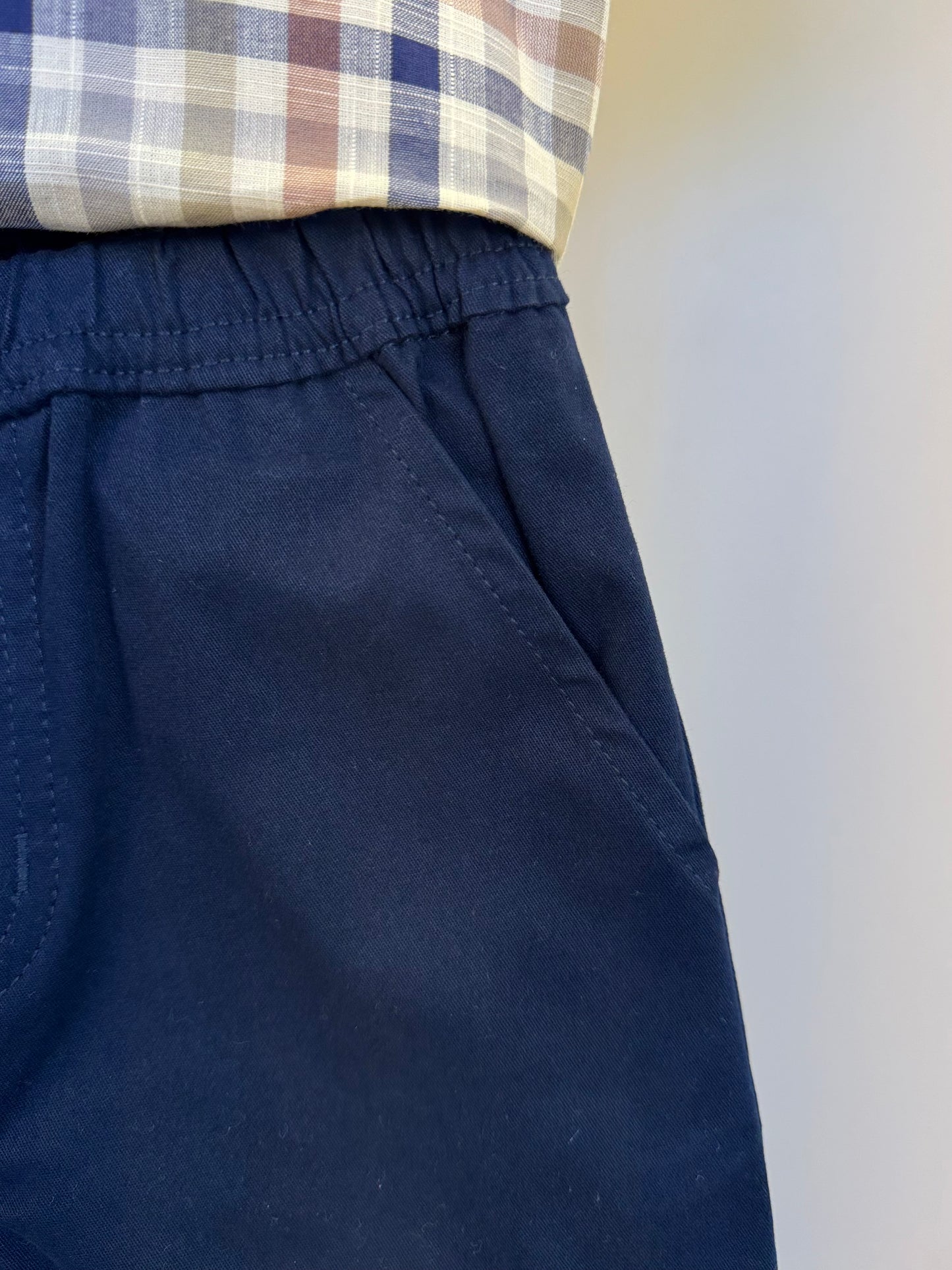 Conjunto Infantil Camisa Gola Padre Xadrez Fio Tinto e Bermuda Sarja Marinho - Um Mais Um