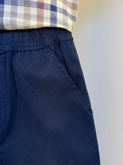 Conjunto Infantil Camisa Gola Padre Xadrez Fio Tinto e Bermuda Sarja Marinho - Um Mais Um