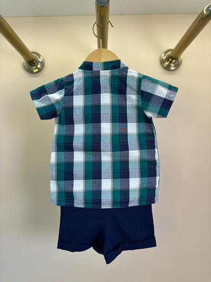 Conjunto Bebê Camisa MC Xadrez Verde e Bermuda Linho Marinho - Charpey