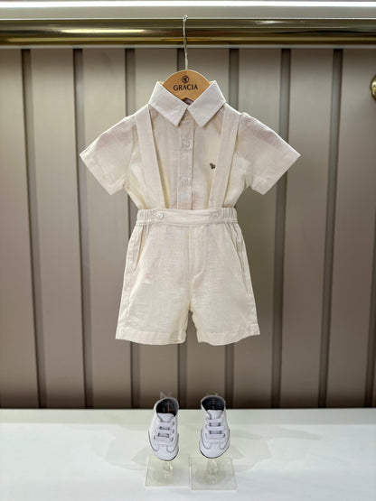 Conjunto Bebê Body, Bermuda e Suspensório Cambraia Linho de Algodão Off White - Um Mais Um