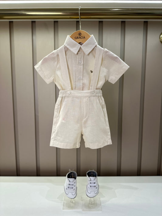 Conjunto Bebê Body, Bermuda e Suspensório Cambraia Linho de Algodão Off White - Um Mais Um