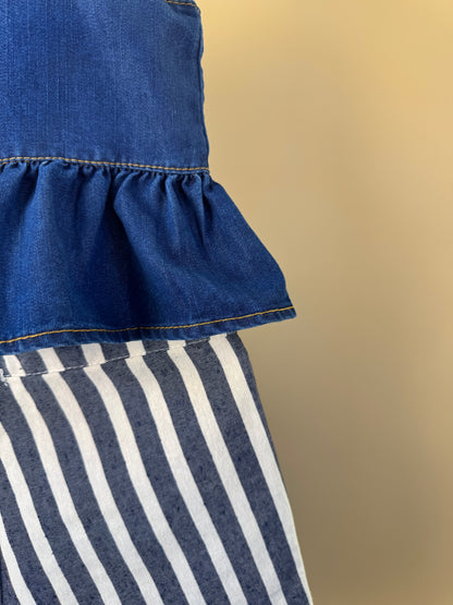 Conjunto Infantil Blusa Jeans Com Babado e Shorts Alfaiataria Listrado - Luluzinha