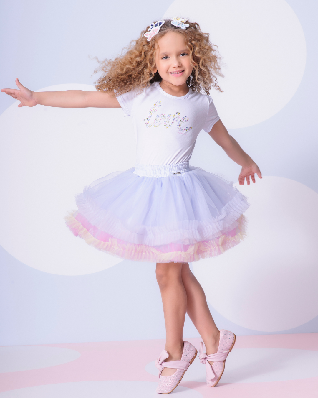 Conjunto Infantil Blusa Algodão Love Floral Cristais e Saia-short Tule Babado Frufru Colorido - Pituchinhus