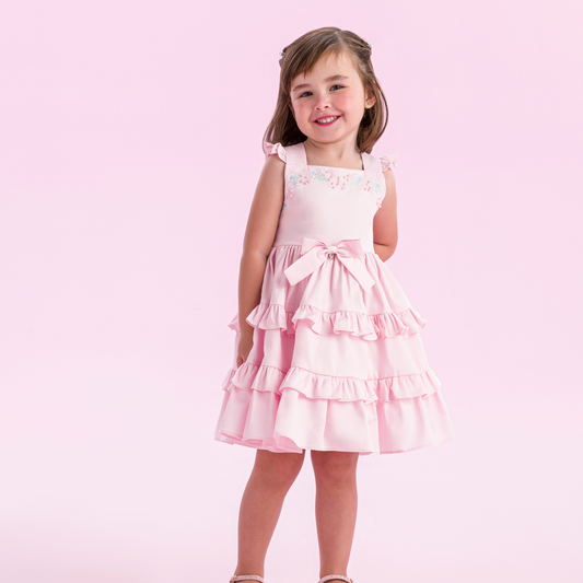 Vestido Infantil Algodão Bordados, Babados e Laço Rosa - Petit Cherie PRÉ-VENDA