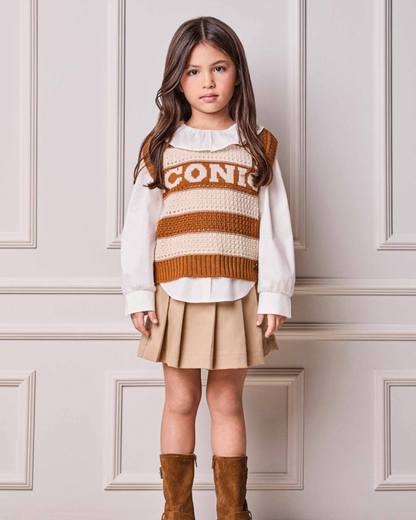 Conjunto Infantil Camisa Gola Babado e Tricot Iconic com Saia Sarja Pregas - Animê