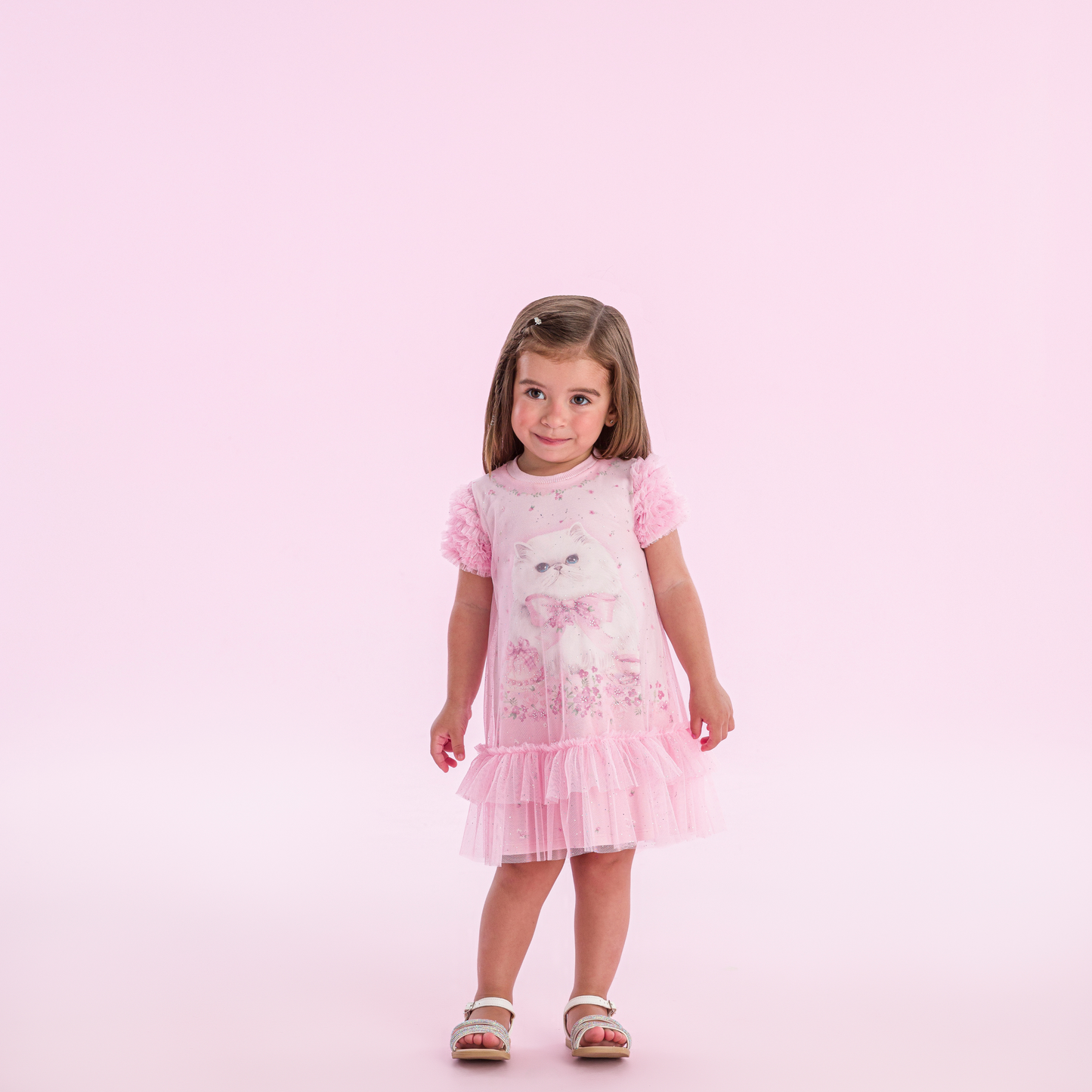 Vestido Infantil Trapézio Gatinho Tule Rosa - Petit Cherie