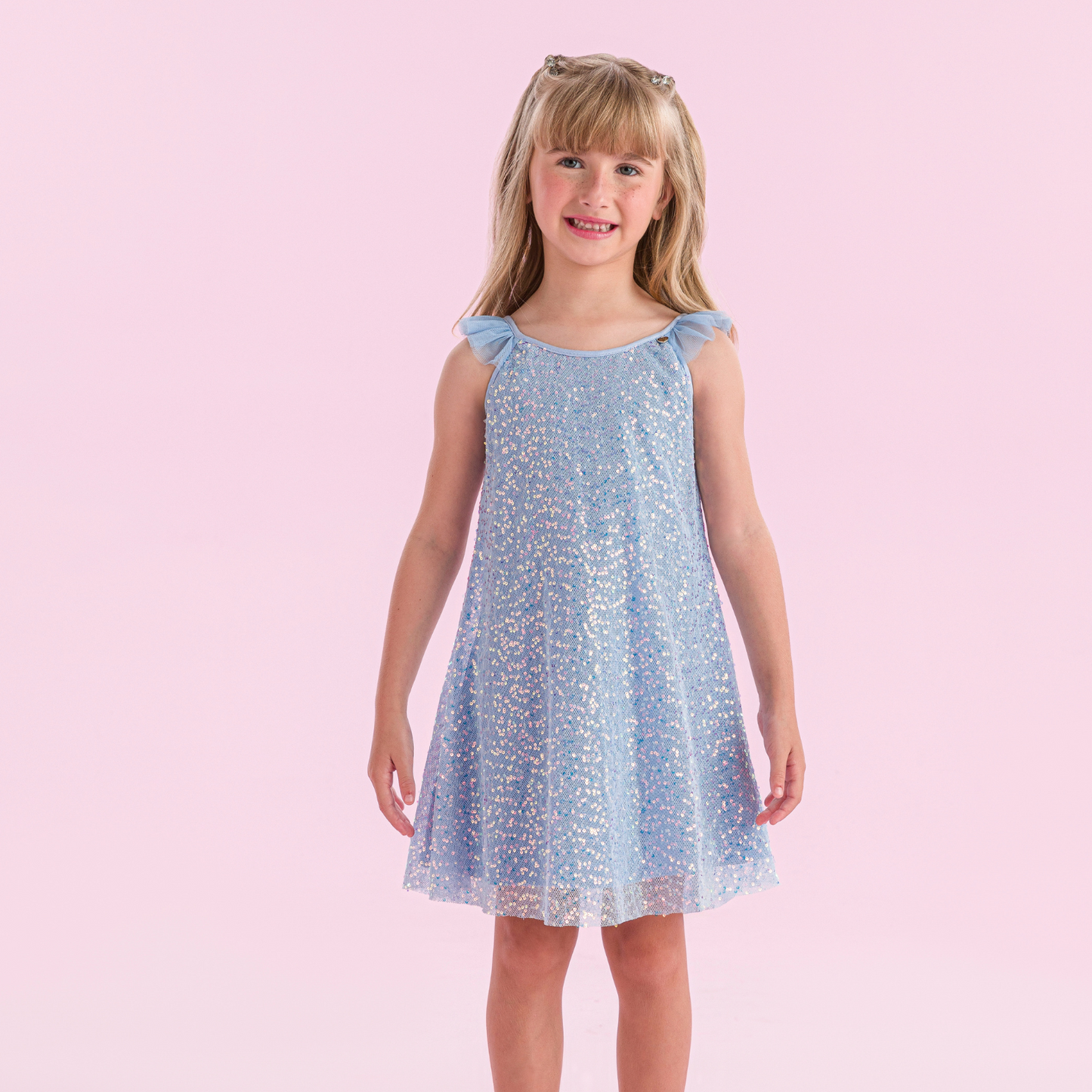 Vestido Infantil Trapézio Tule Paetês Blue - Petit Cherie