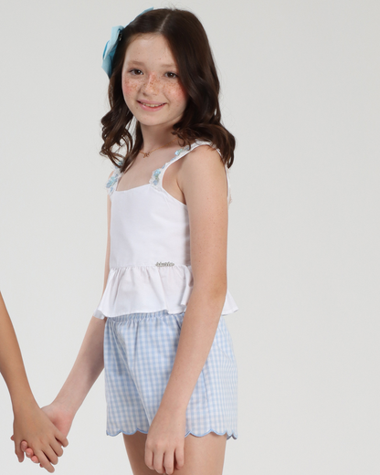 Conjunto Infantil Blusa Aplicações Flores e Shorts Xadrez Azul - Luluzinha