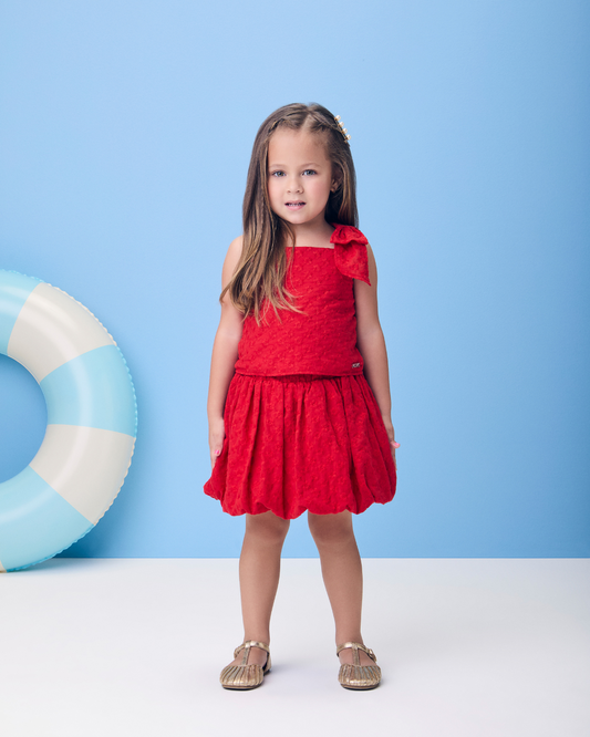 Conjunto Infantil Vermelho Blusa Laço Lateral e Saia Balonê - Momi