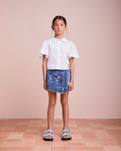 Conjunto Infantil Camisa Mangas Amplas e Laço nas costas e Shorts-saia Jeans Infantil Mickey & Minnie - Animê