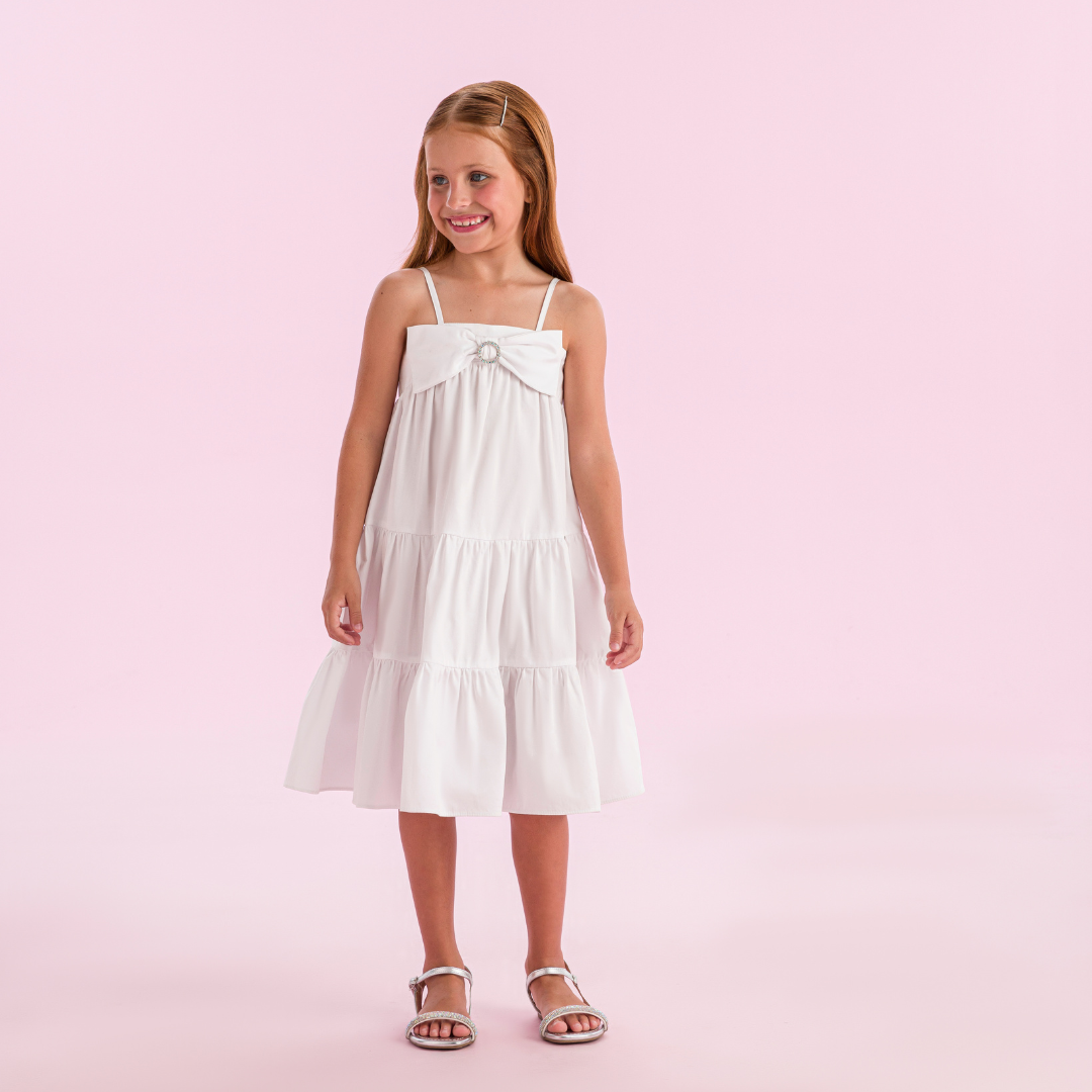 Vestido Infantil Algodão Laço Fivela Strass Branco - Petit Cherie