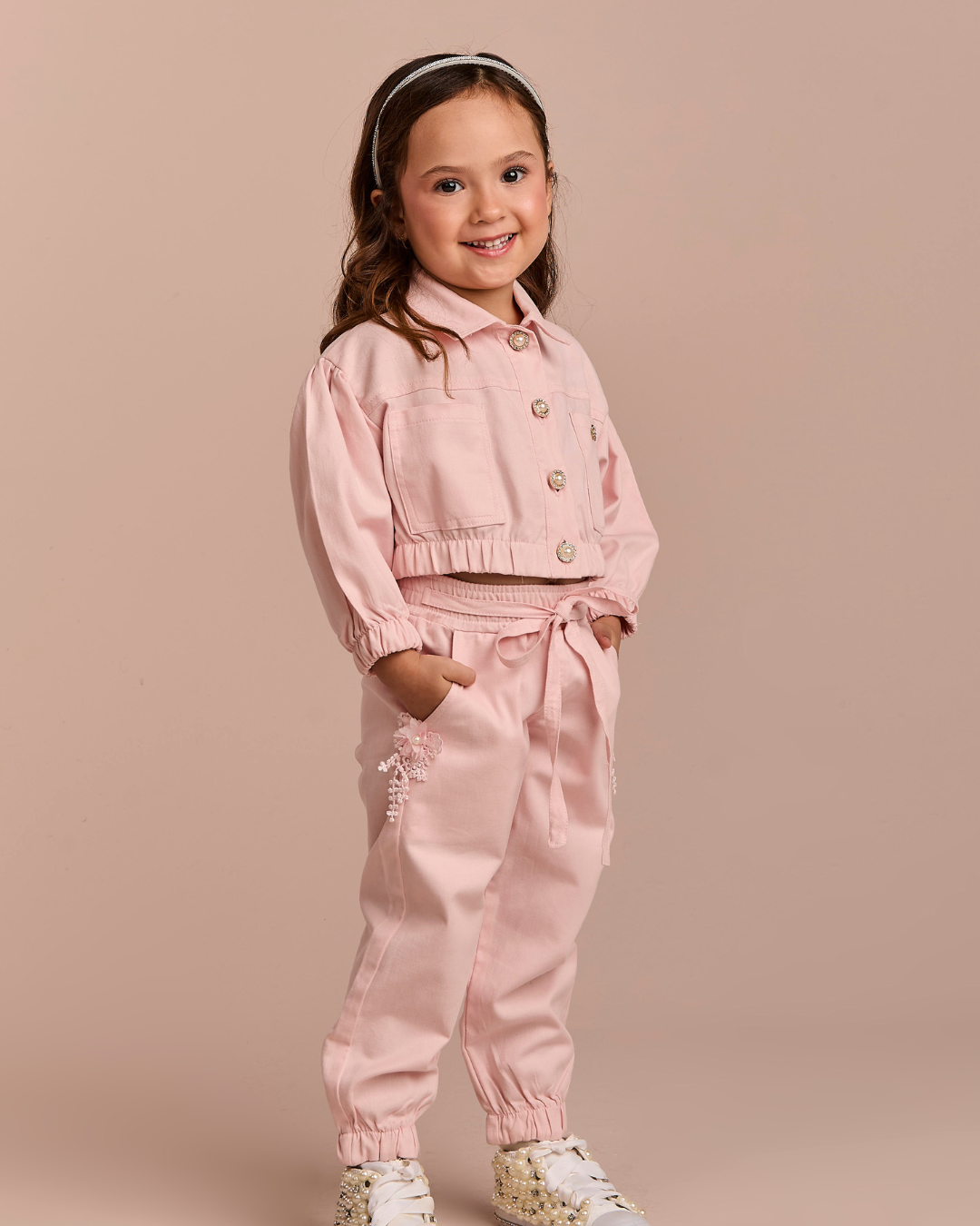 Conjunto Infantil Jaqueta Bomber e Calça Jogger Sarja Rosa - Gabriela Aquarela